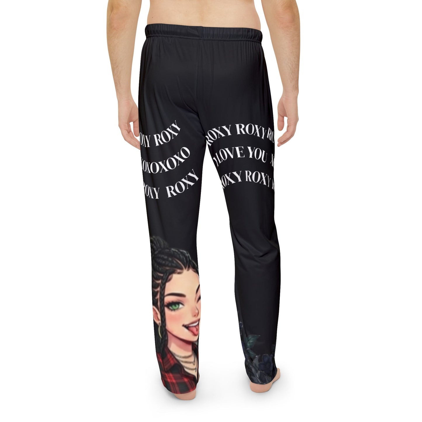 Graphic Pajama Pants — "Roxy" Patterned Lounge Pants with Cartoon Portrait & "I Love You" Text