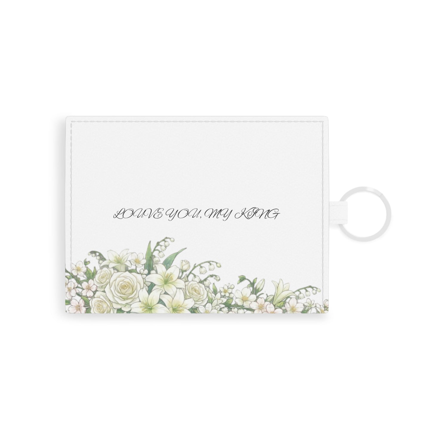 Card Holder —  Anime White Floral Saffiano Leather Cardholder with 'Love You, My King' Script