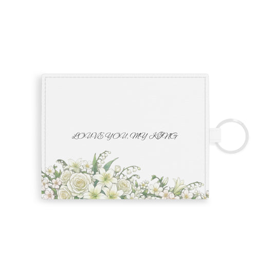 Card Holder —  Anime White Floral Saffiano Leather Cardholder with 'Love You, My King' Script
