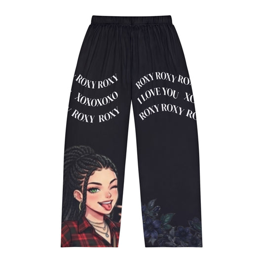 Graphic Pajama Pants — "Roxy" Patterned Lounge Pants with Cartoon Portrait & "I Love You" Text