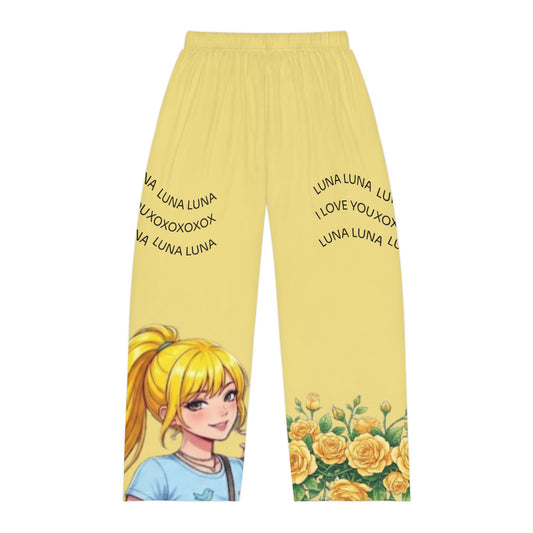 Luna Floral Anime Pajama Pants — Men's Yellow Sleep Lounge Pants