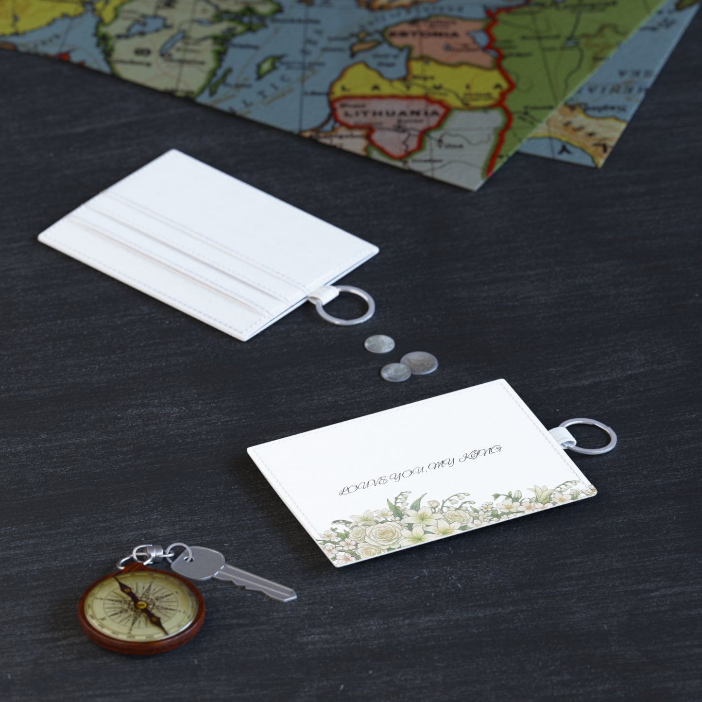 Card Holder —  Anime White Floral Saffiano Leather Cardholder with 'Love You, My King' Script