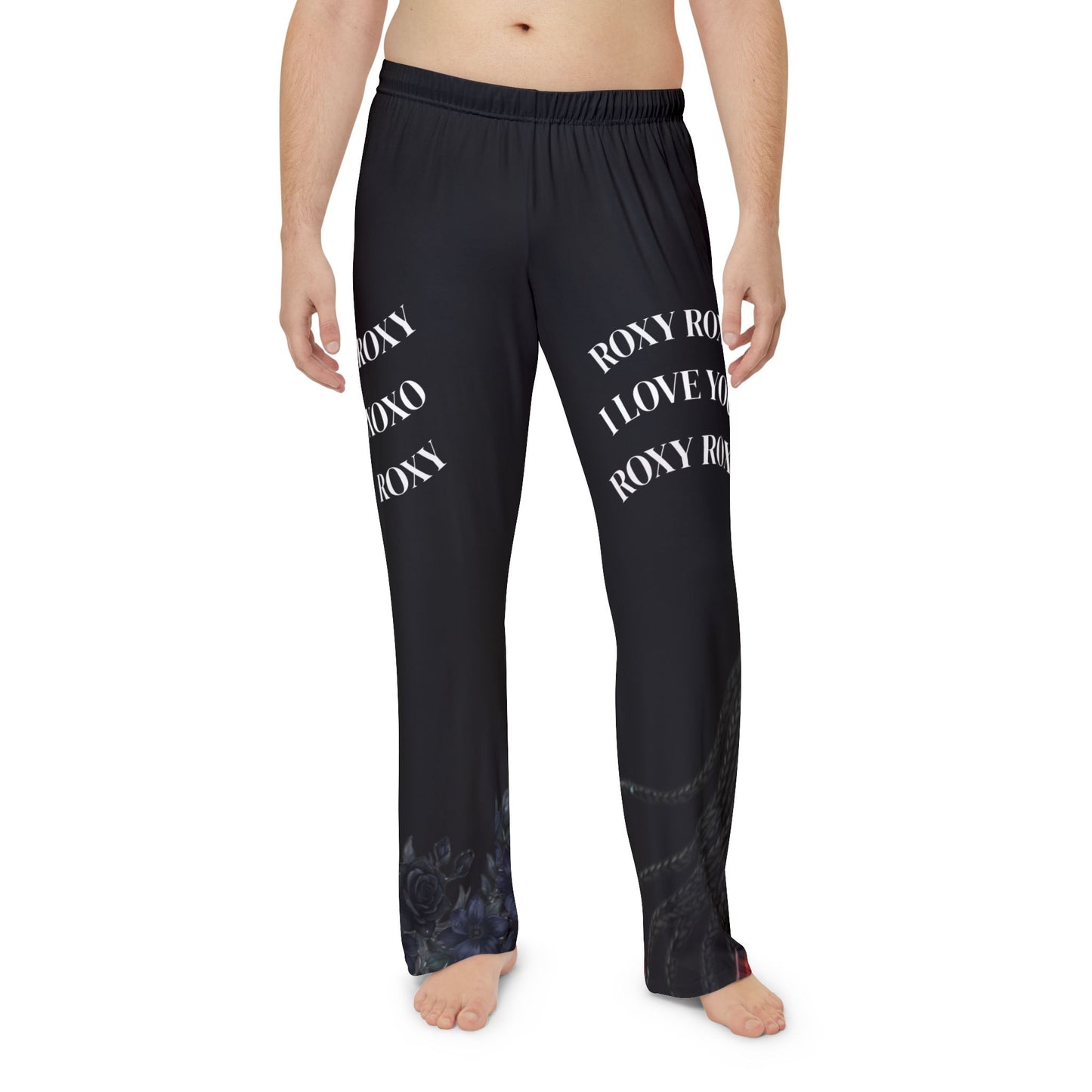 Graphic Pajama Pants — "Roxy" Patterned Lounge Pants with Cartoon Portrait & "I Love You" Text